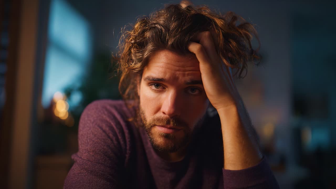 A contemplative moment captured in soft light, showcasing a man with tousled hair and a pensive expression, reflecting his inner thoughts and emotions
