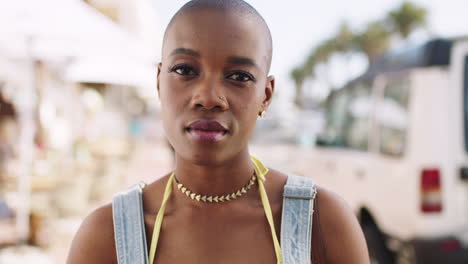 black woman, face and city street for travel