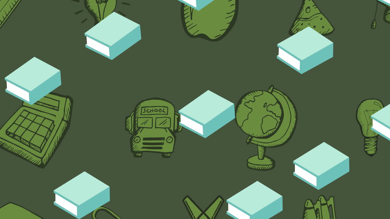 animación de libros azules repetidos que se mueven sobre elementos relacionados con la escuela verde en la pizarra verde