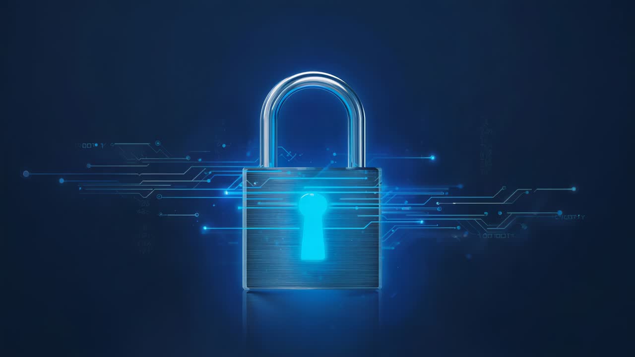 Frames advancing metal padlock showing cyan keyhole glow, neon circuits pulsing, signaling security