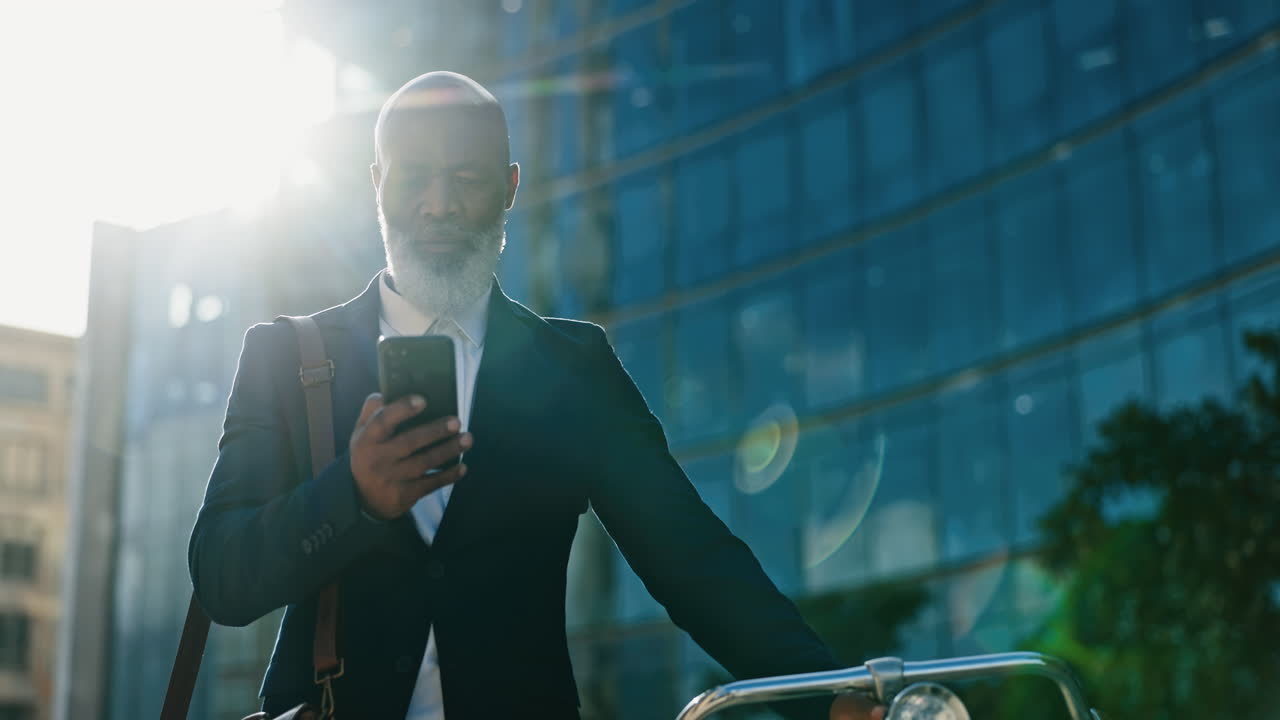 City, bicycle and business man with phone
