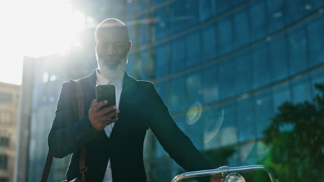 city, bicycle and business man with phone