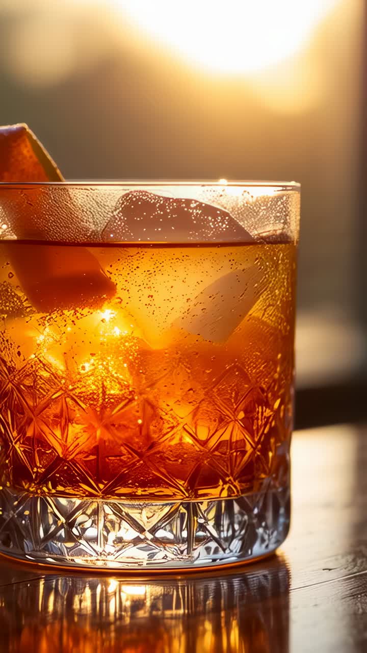 Vertical video: Backlight shifting, crystal tumbler glowing on table, amber cocktail with ice cube