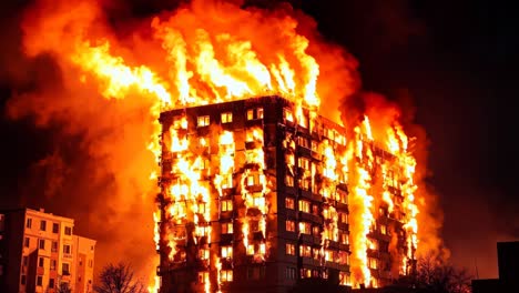 a tall building is engulfed by flames at night