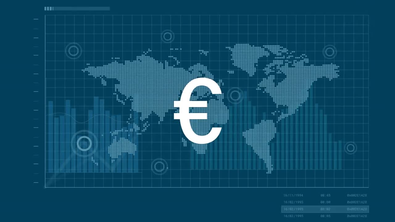 animación del signo del euro sobre un mapa digital giratorio y múltiples gráficos sobre un fondo azul.