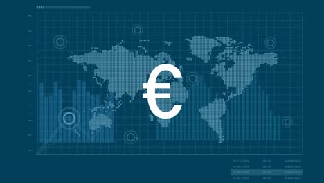 Animación-Del-Signo-Del-Euro-Sobre-Un-Mapa-Digital-Giratorio-Y-Múltiples-Gráficos-Sobre-Fondo-Azul