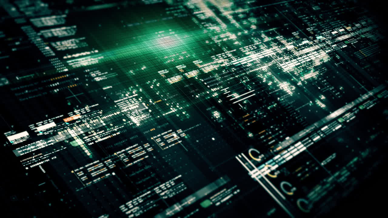 Advanced data matrix simulation UI with cutting-edge digital environment with a dynamic and immersive display of interconnected data matrix information networks systems background