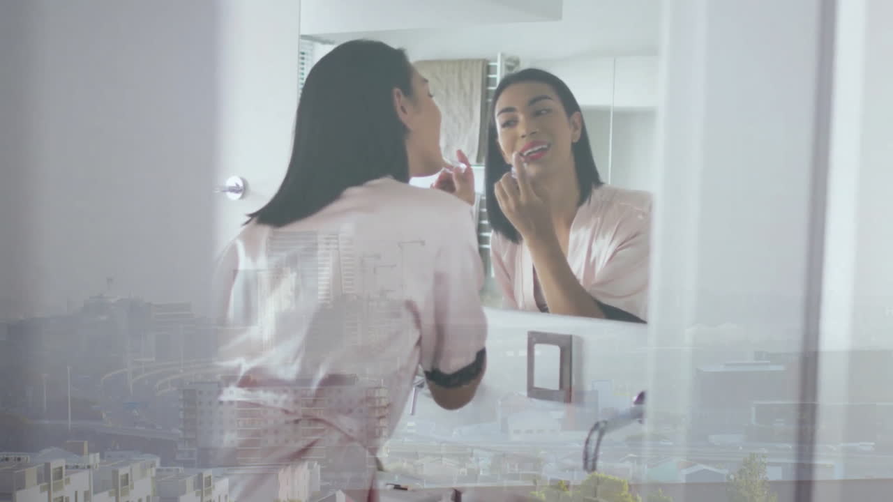 도시 풍경에서 메이크업하는 두 인종의 여성의 애니메이션