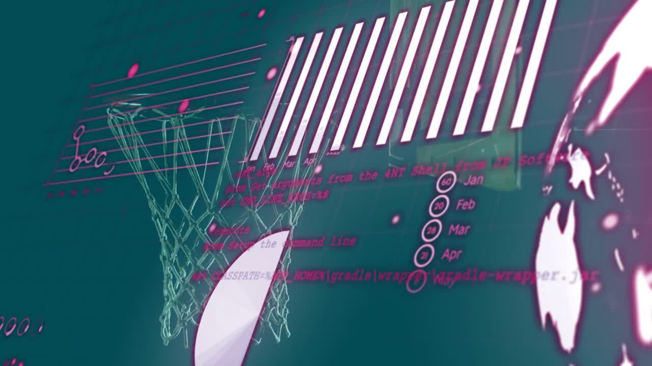 On data load hoop steady while magenta charts gliding rotating pie slice passing net showing trends