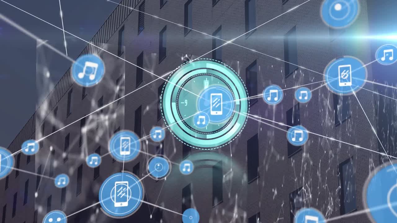 Animation of network of connection with icons over cityscape