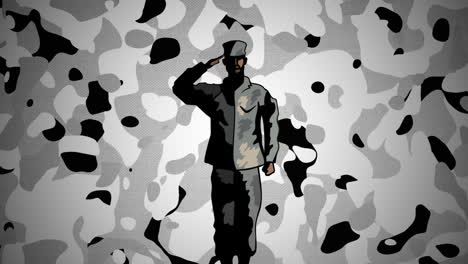 figura de un soldado saludando contra un fondo de camuflaje