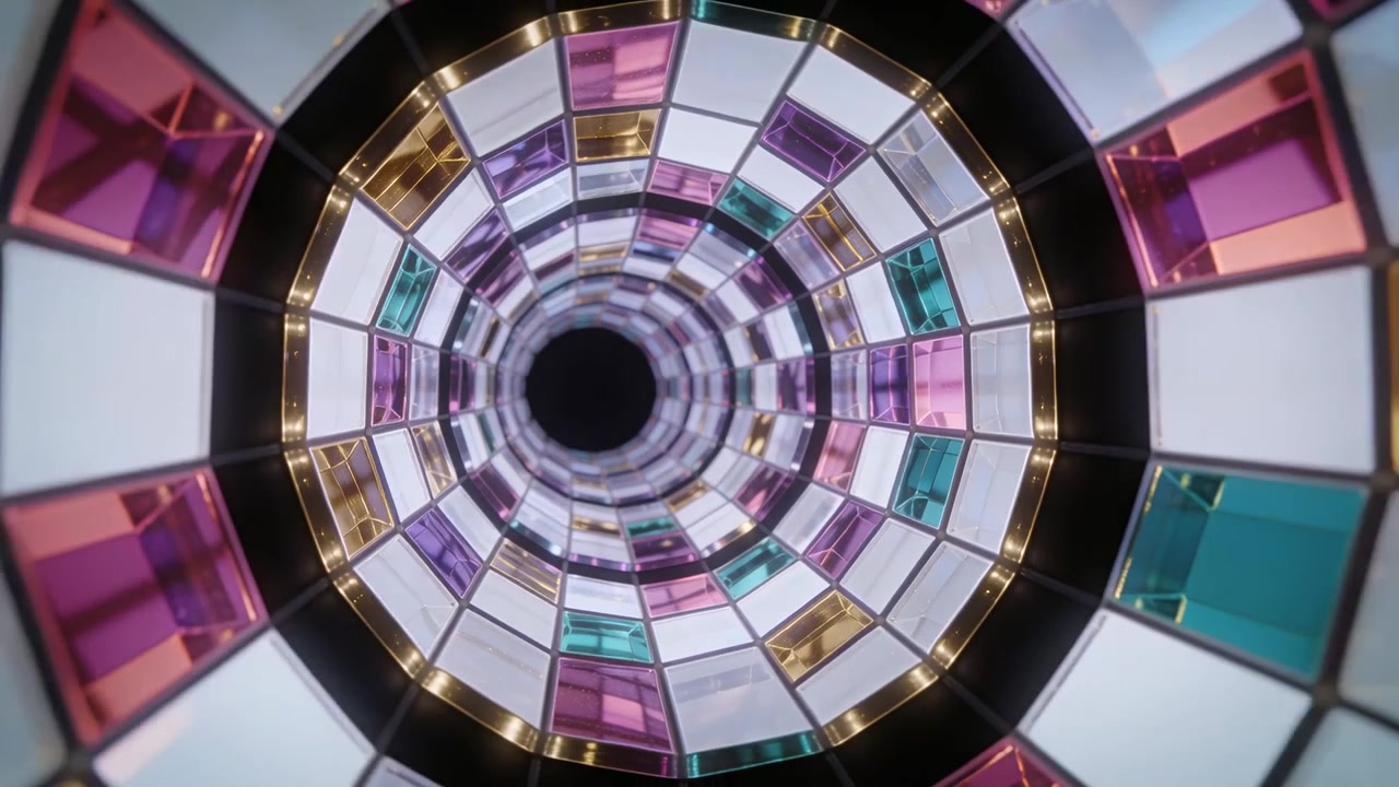 Telecamera che si muove verso il vuoto centrale attraverso un tunnel, rivelando pannelli viola, struttura metallica e luci calde.