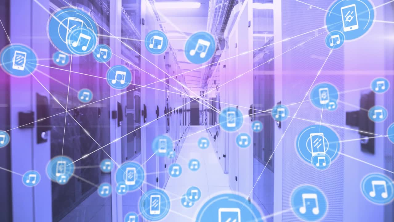 Server aisle getting overlaid as phone icon appearing nodes spawning and linking to show data flow