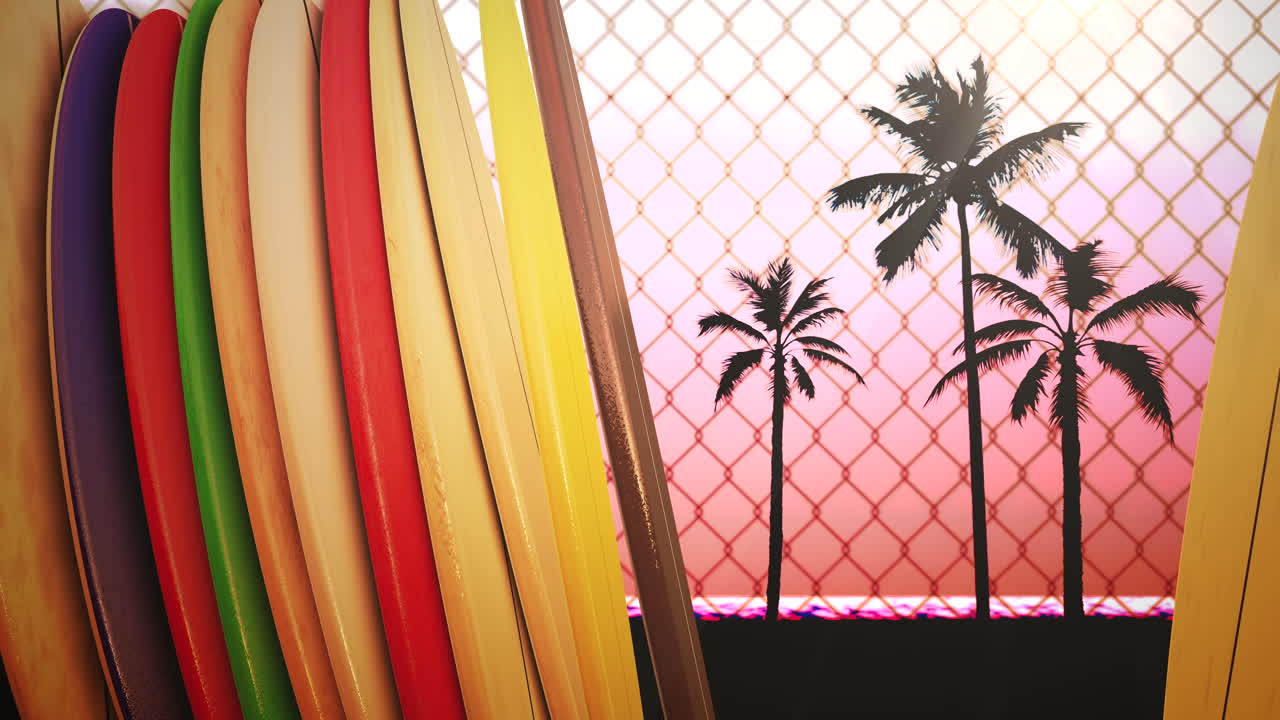 tablas de surf de primer plano y hojas tropicales con fondo de verano 5