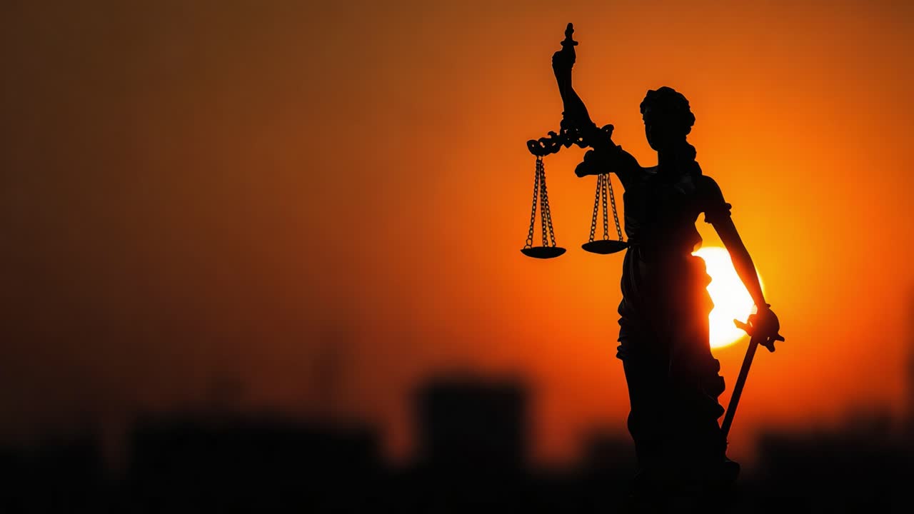 Silhouette of Justice Personified: A Regal Figure Holding Scales Against a Vibrant Sunset Backdrop Representing Law, Fairness, and Balance in Society