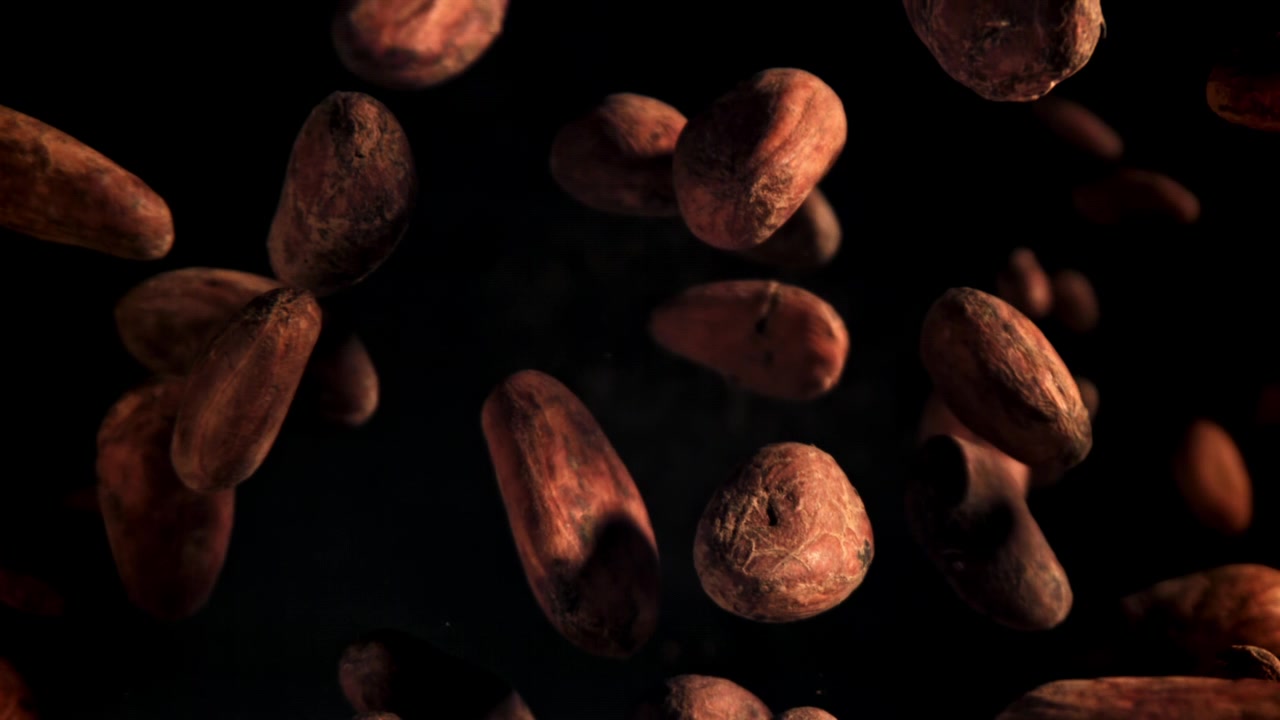 Super rallentatore di fave di cacao che galleggiano su sfondo nero