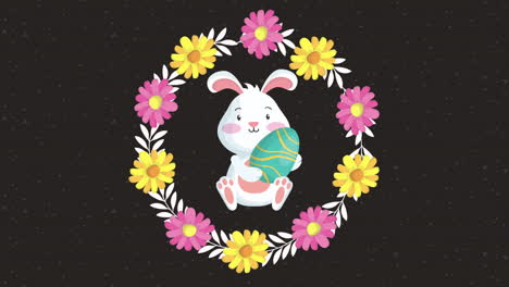 happy easter animated card with rabbit and egg painted in floral frame