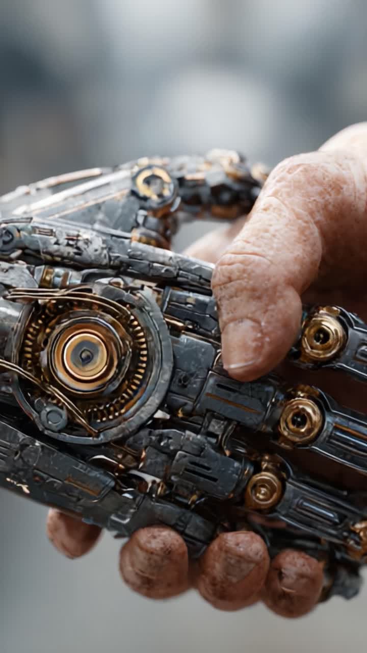 Intricata mano meccanica: la fusione tra tecnologia e umanità catturata nel gesto della presa, che mostra la robotica avanzata e le caratteristiche umane
