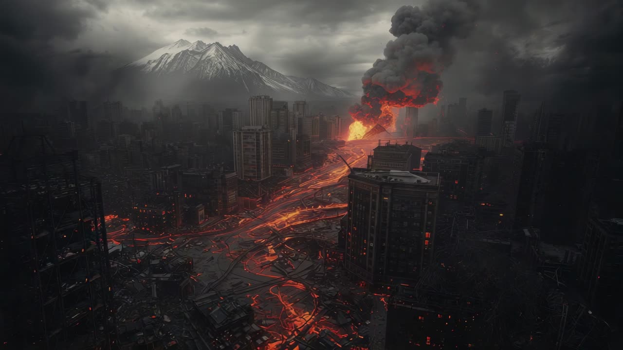 Erupting lava stream carving through city street at volcano base with smoke plume and ruined towers