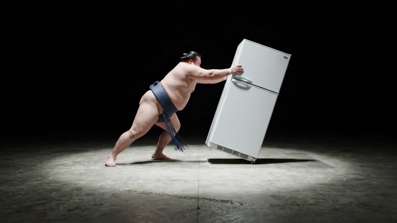 Sumo Wrestler Pushing a Refrigerator in a Dark Studio