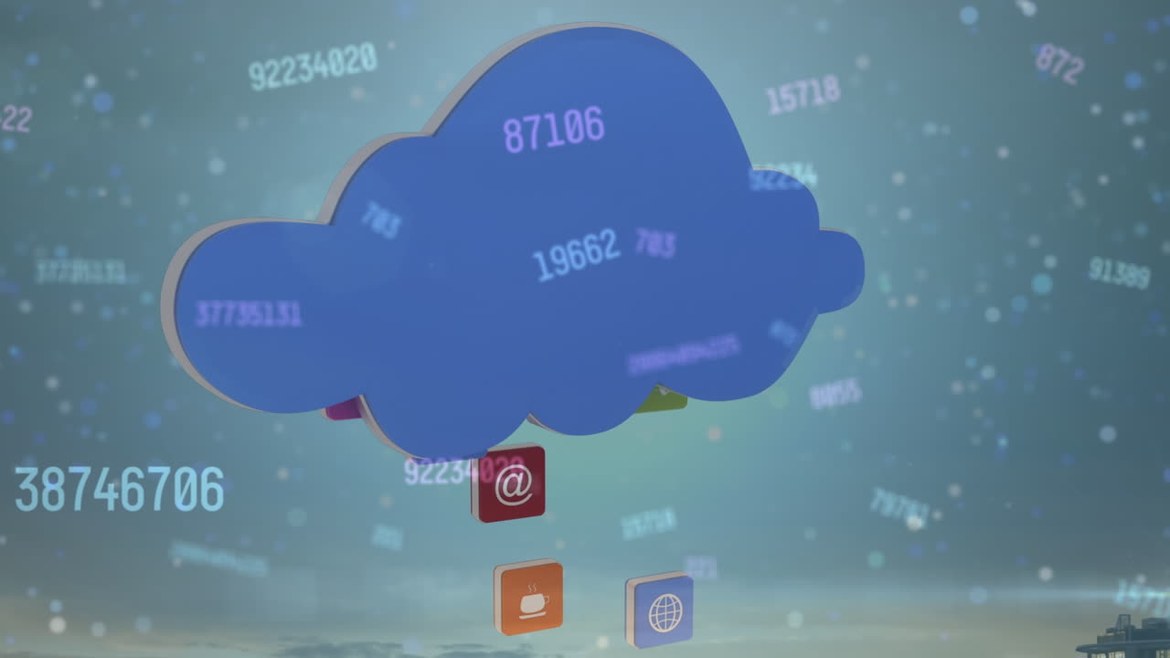 animación de nubes digitales, números y iconos tecnológicos