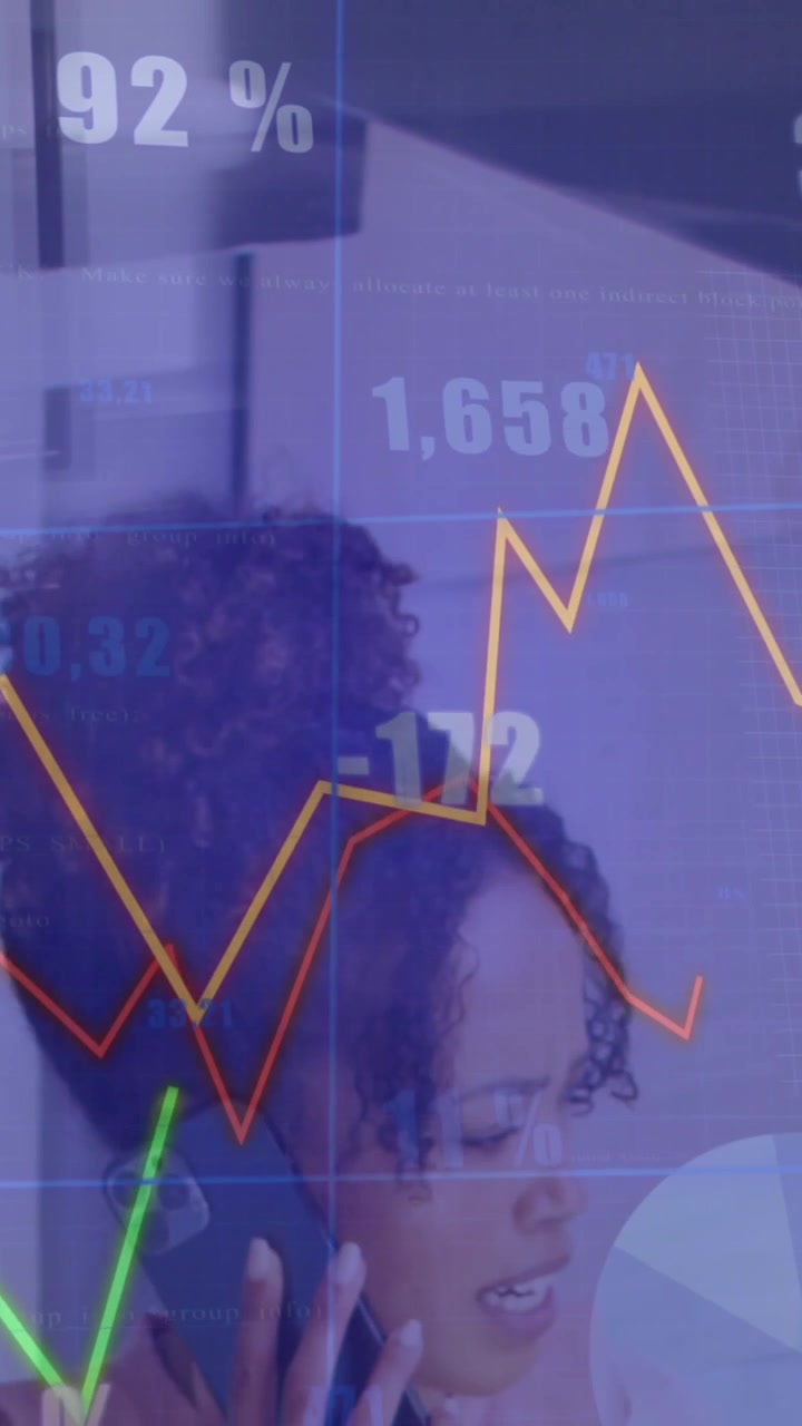 Animation of graphs and changing numbers, woman walking upstairs while talking on cellphone