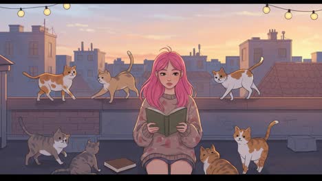 a serene evening scene: a girl with pink hair reads on a rooftop surrounded by playful cats under a beautiful sunset sky