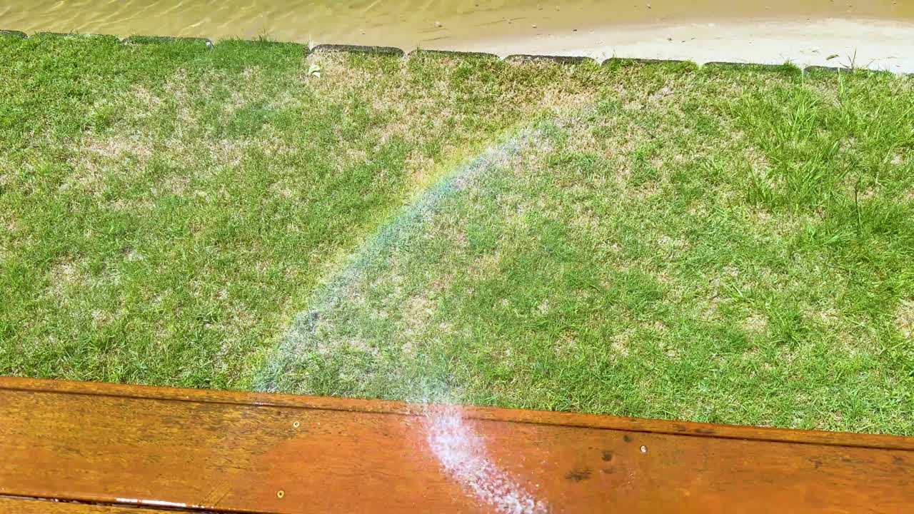 무지개는 물 스프레이로 풀 위에 나타납니다.