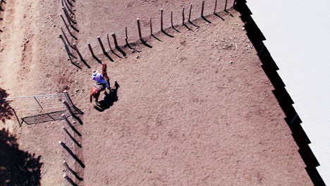 Cowboy-on-horseback-waiting-in-cattle-pen-for-cattle---aerial-view