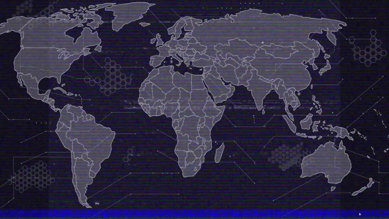 Stylized world map pulsing on glitchy display, revealing continents with hexagons and glitch bars