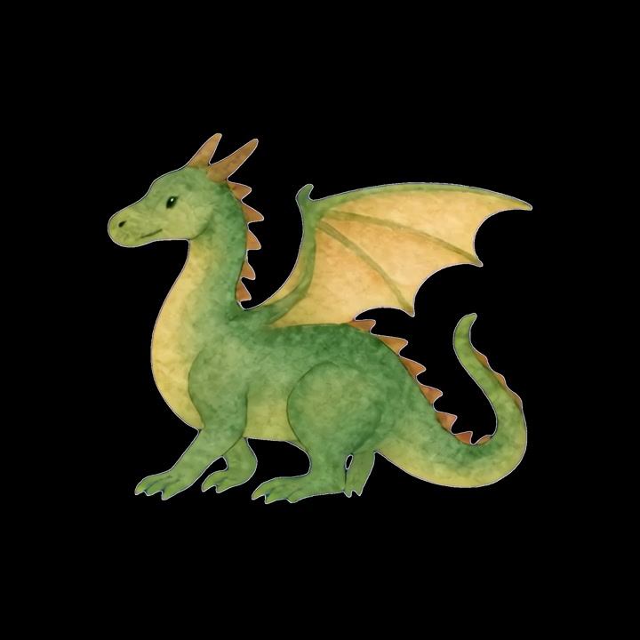 Drago verde ad acquerello animato che cammina su sfondo nero