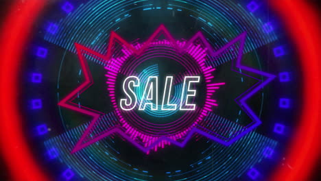animación del texto de venta con formas de neón sobre fondo negro.