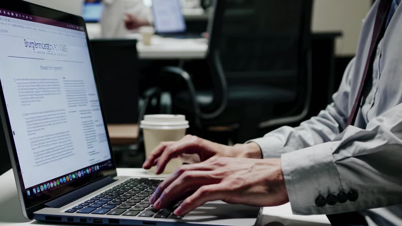 Close-up video of hands typing on a laptop in an office setting
