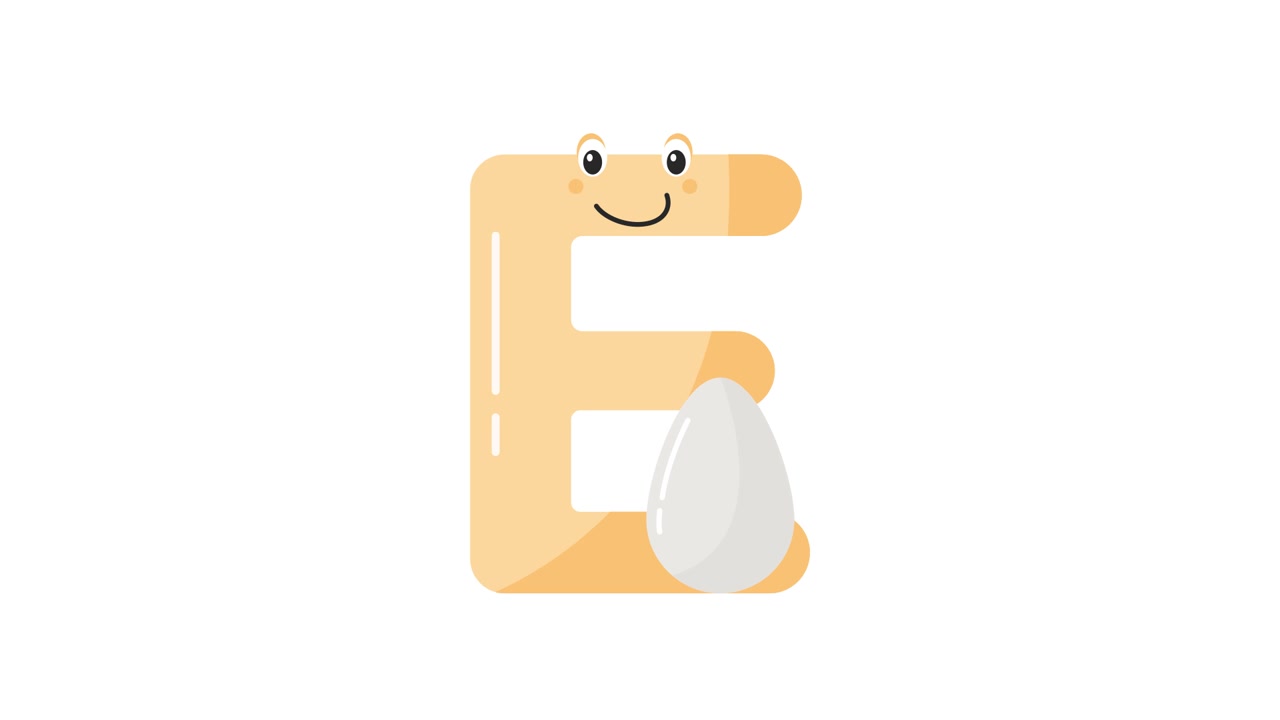 Lettera E animata sorridente che tiene in mano un uovo bianco