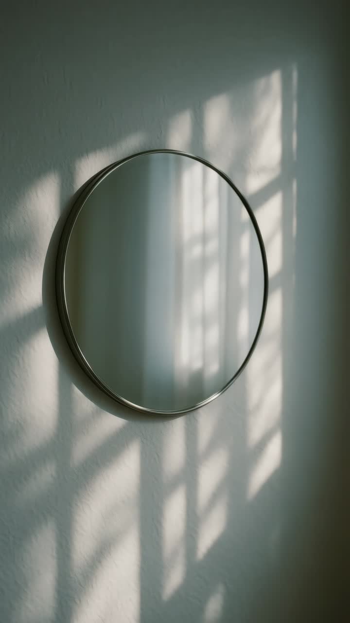 Uno specchio rotondo minimalista su una parete con morbidi giochi d'ombra.