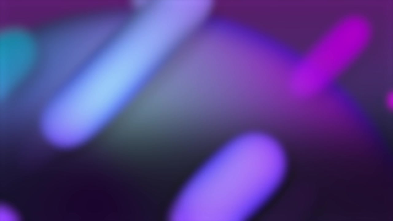 Pulserende sløret cyan og lilla kugle, mens neon-ovaler dukker op og driver mod en violet baggrund