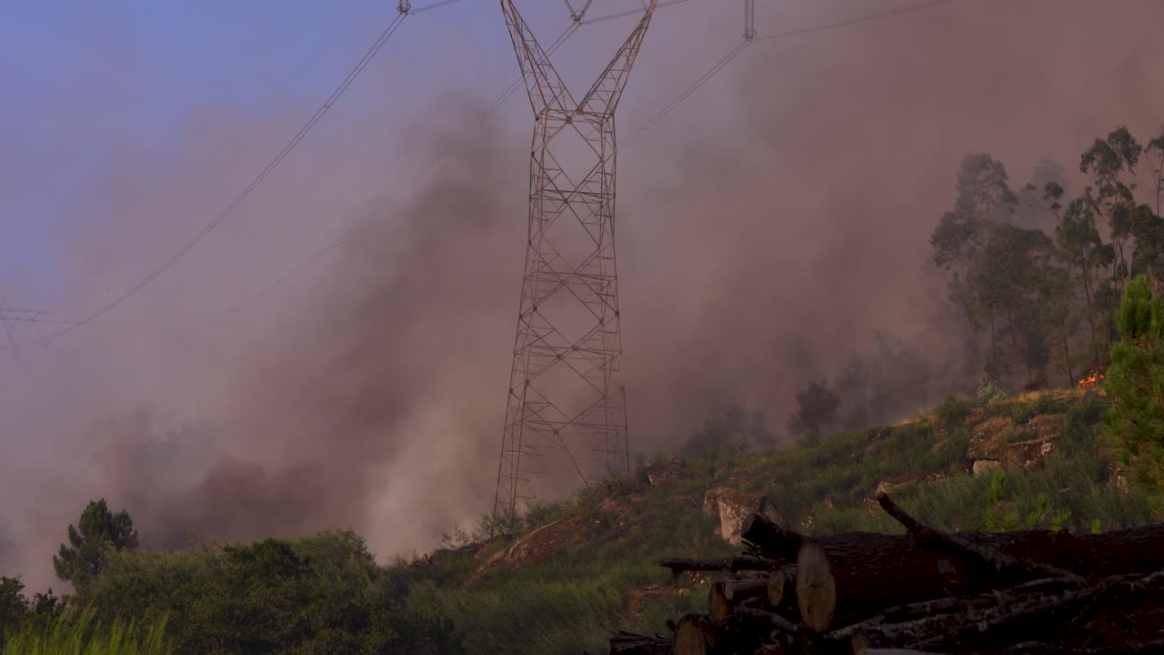The smoldering undergrowth surrounding a pylon during a forest fire