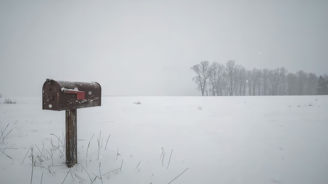 Panning camera showing weathered mailbox on post in rural field, capturing falling snow and haze