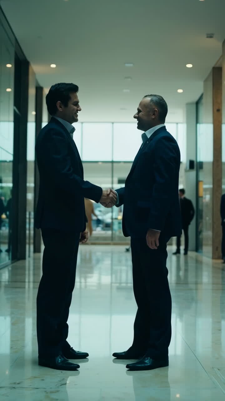 Two businessmen shaking hands in a modern office or hotel lobby