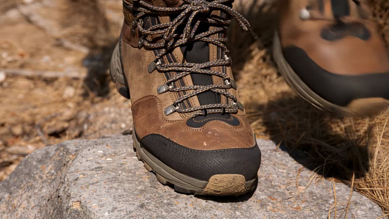 Brauner Wanderstiefel tritt auf flachen Felsen auf dem Pfad, gegenüberliegender Stiefel findet sicheren Halt
