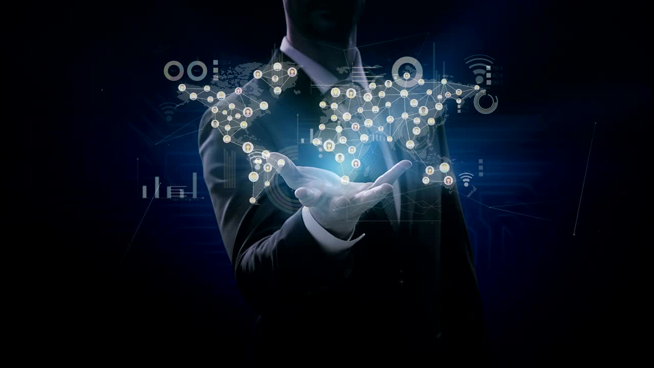 사업가 손바닥을 열고, 연결된 사람들, 커뮤니케이션 기술을 사용하는 세계 사람들, 경제 다이어그램, 차트, 그래프.