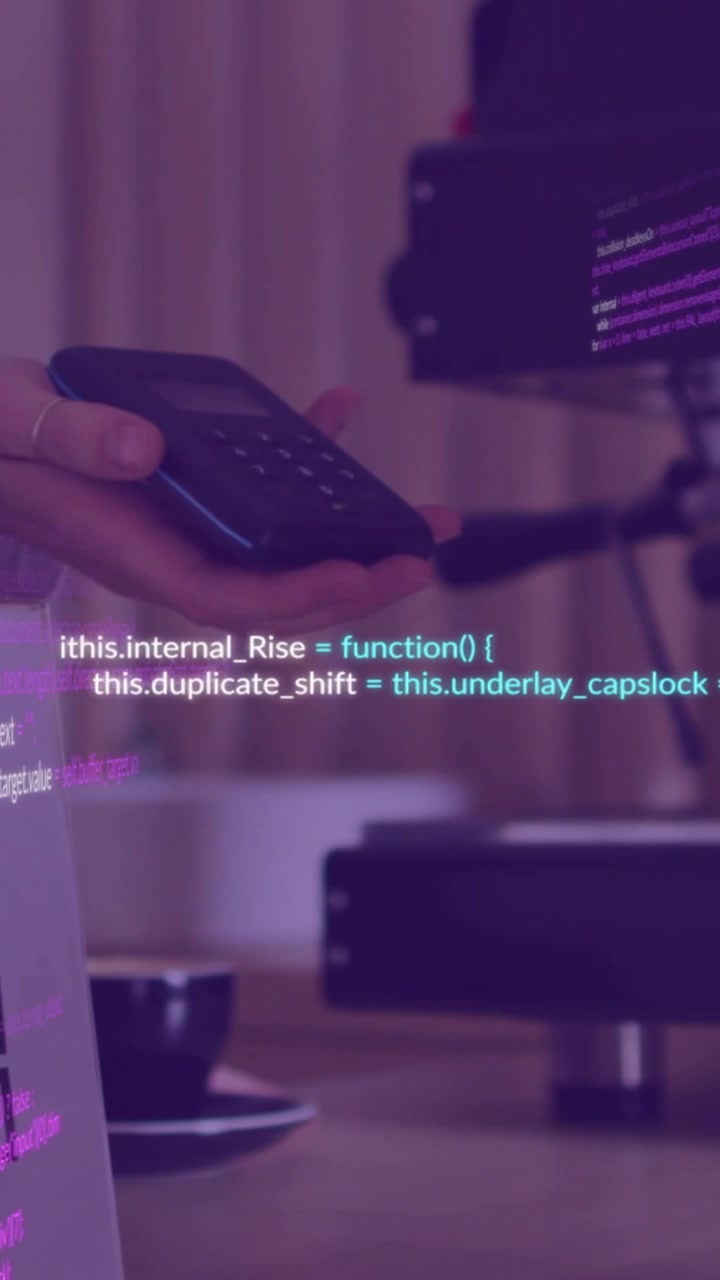 Vertical video: Customer tapping terminal at QR sign in cafe paying, teal-magenta code overlays
