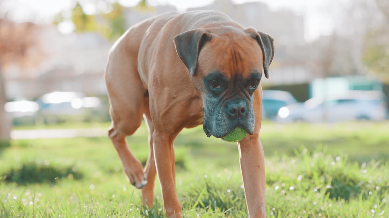 Boxer dog running in park carrying tennis ball
