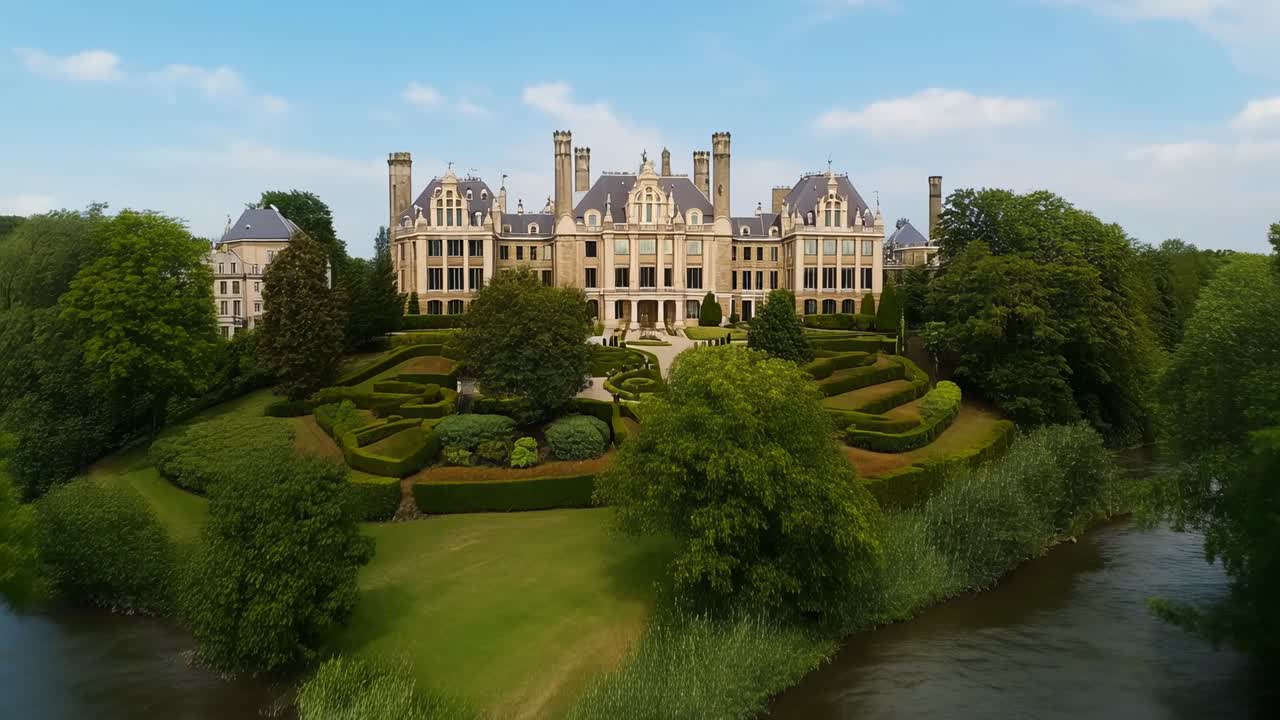 Drone planant démarrant près de la surface de la rivière, avançant et révélant un manoir en pierre et des jardins à la française