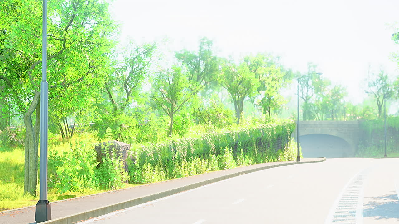 램프 포스트 와  ⁇ 빛 이 있는 비어 있는 도로 의 모습