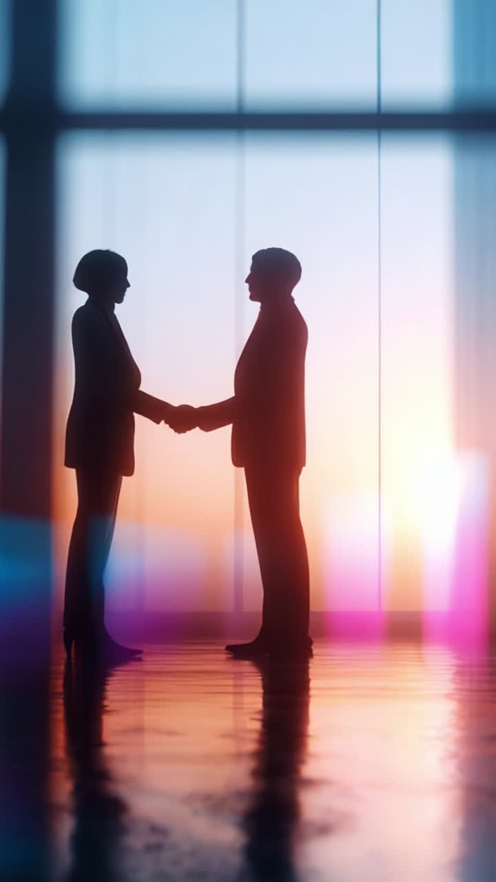 Riunione professionale: silhouette di due persone che si stringono la mano in un ambiente moderno, con un terzo osservatore di profilo, a simboleggiare collaborazione e progresso