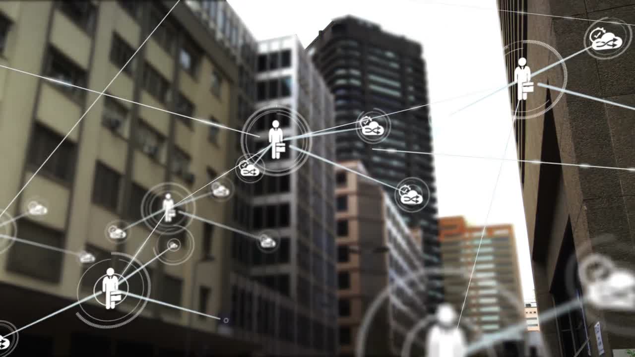 Conectores en movimiento sobre fondo de paisaje urbano