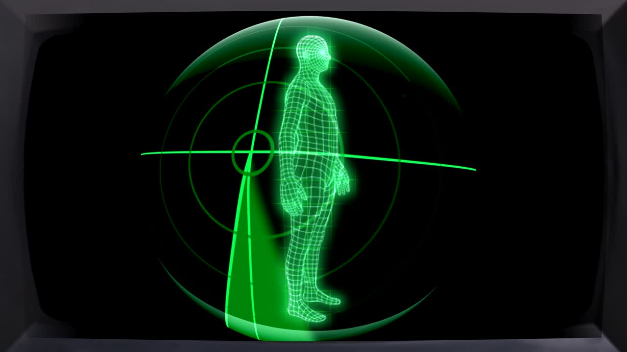 un monitor de seguridad de aeropuerto futurista que muestra a una persona siendo escaneada en un escáner corporal 3d de alta tecnología con capacidad de bucle