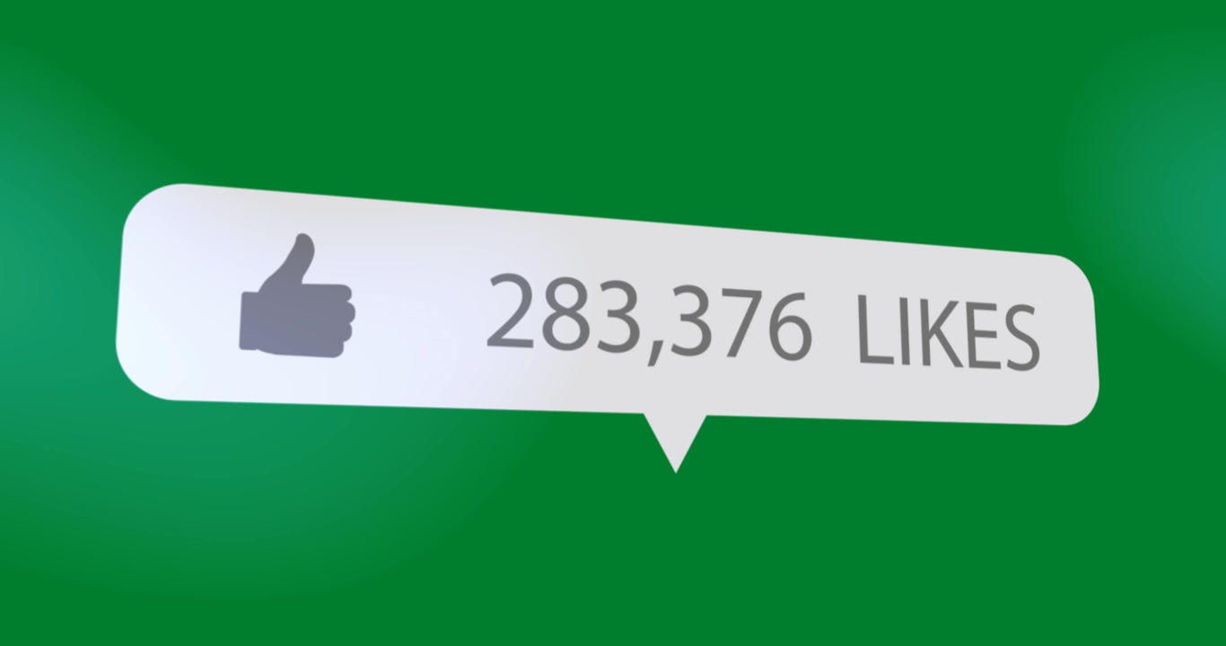 Thumbs up icon, Like text and increasing numbers on speech bubble against blue background
