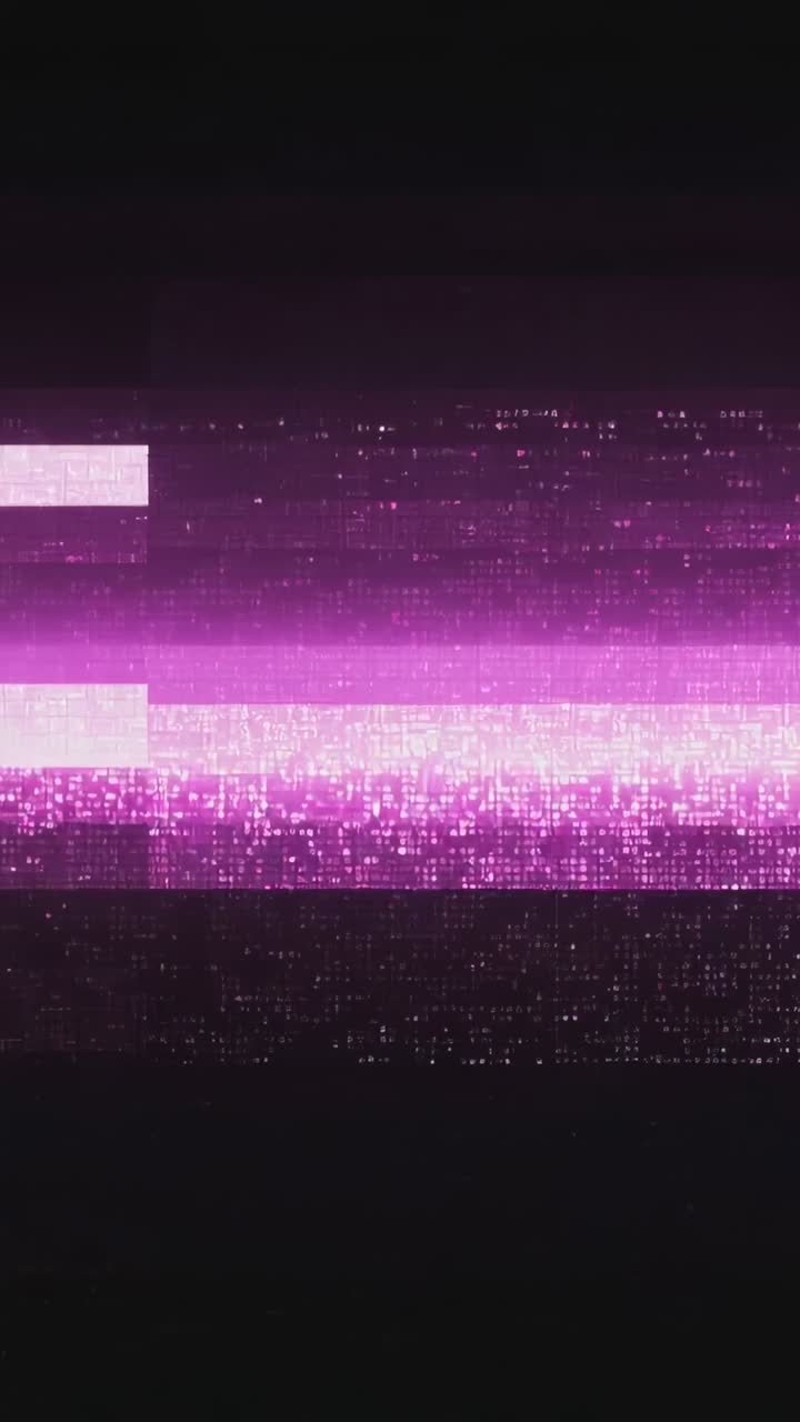 Vertical video: Sliding blocks from left causing pink bands flickering in glitch feed, pixel dots